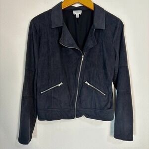 Disney Signed Moto Jacket Faux Suede Full Zip Pockets Black Girls‎ L Large 14/16